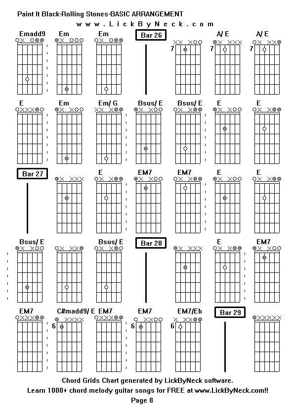 Chord Grids Chart of chord melody fingerstyle guitar song-Paint It Black-Rolling Stones-BASIC ARRANGEMENT,generated by LickByNeck software.